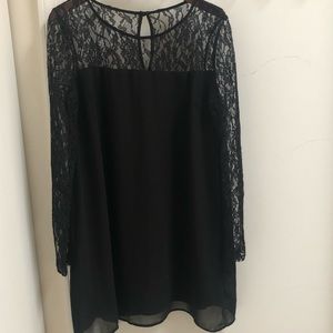 Black flowy shift dress with lace neck and sleeves